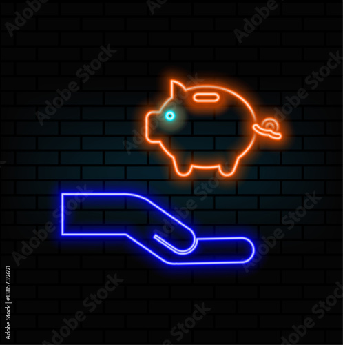 hand offering savings piggy bank. piggy bank. neon style. dollar with cent showing piggy bank savings icon