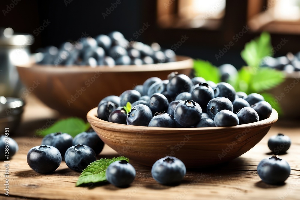 A high-quality mockup featuring fresh blueberries arranged on a rustic wooden table