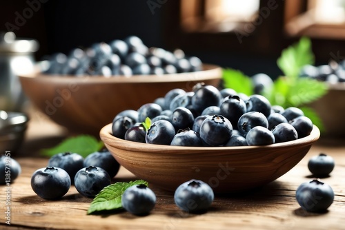 Obraz na płótnie A high-quality mockup featuring fresh blueberries arranged on a rustic wooden table w salonie
