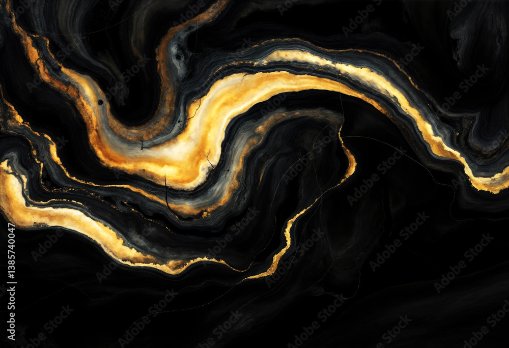 Linee fluide e sinuose d’oro su sfondo nero profondo, come un fiume di luce che attraversa l’oscurità