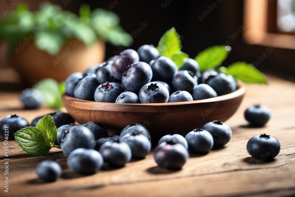 A high-quality mockup featuring fresh blueberries arranged on a rustic wooden table