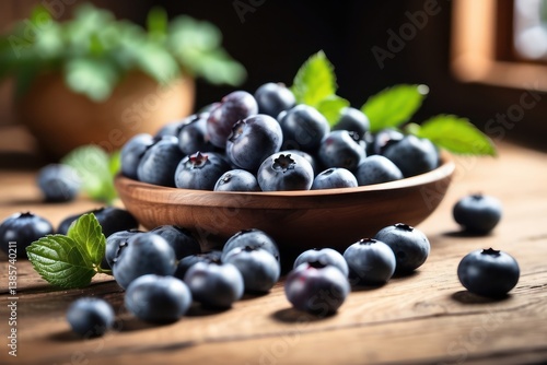 Obraz na płótnie A high-quality mockup featuring fresh blueberries arranged on a rustic wooden table w salonie