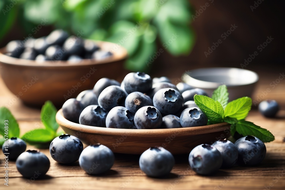 A high-quality mockup featuring fresh blueberries arranged on a rustic wooden table A high-quality mockup featuring fresh blueberries arranged on a rustic wooden table