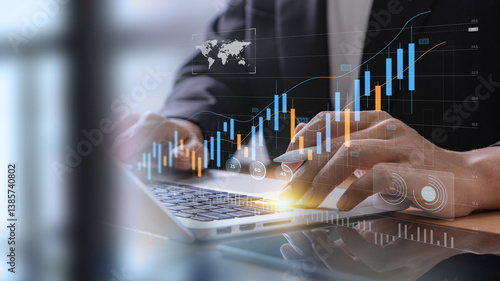 Принти на полотні Businessman analyzing financial technology data for investment integration using laptop in modern office, visualizing digital charts, market trends, and fintech insights for economic strategy