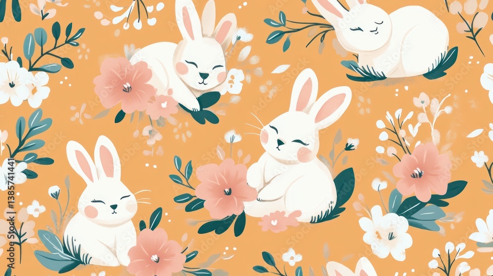 Cute rabbits in floral garden pattern Cute rabbits in floral garden pattern