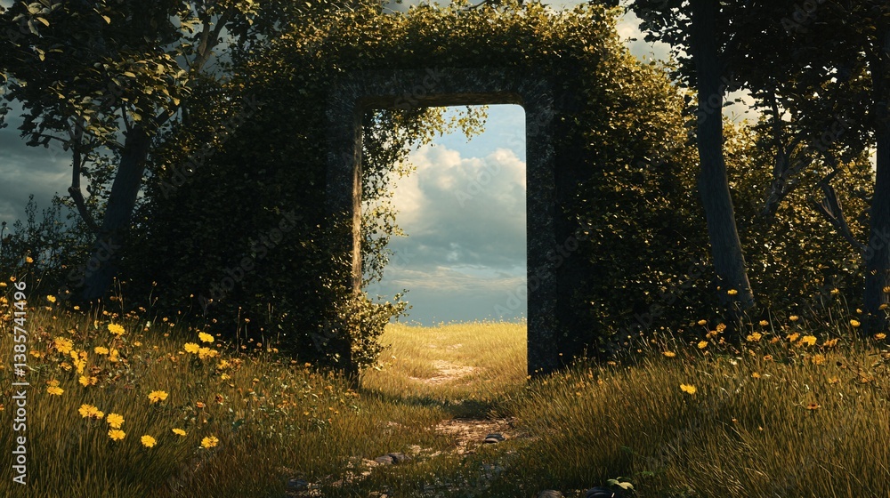 Obraz premium Enchanted Portal to Another Realm Amidst a Meadow of Magic