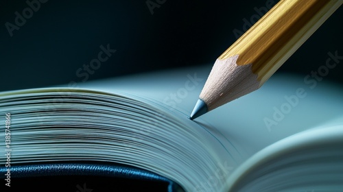 Fotografía A close-up of a pencil poised above the pages of an open book.
