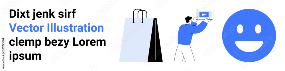 Fototapeta premium Paper shopping bags, person holding a tablet playing a video, and a blue happy face. Ideal for e-commerce, technology, emotion, content creation, marketing, education simple landing page