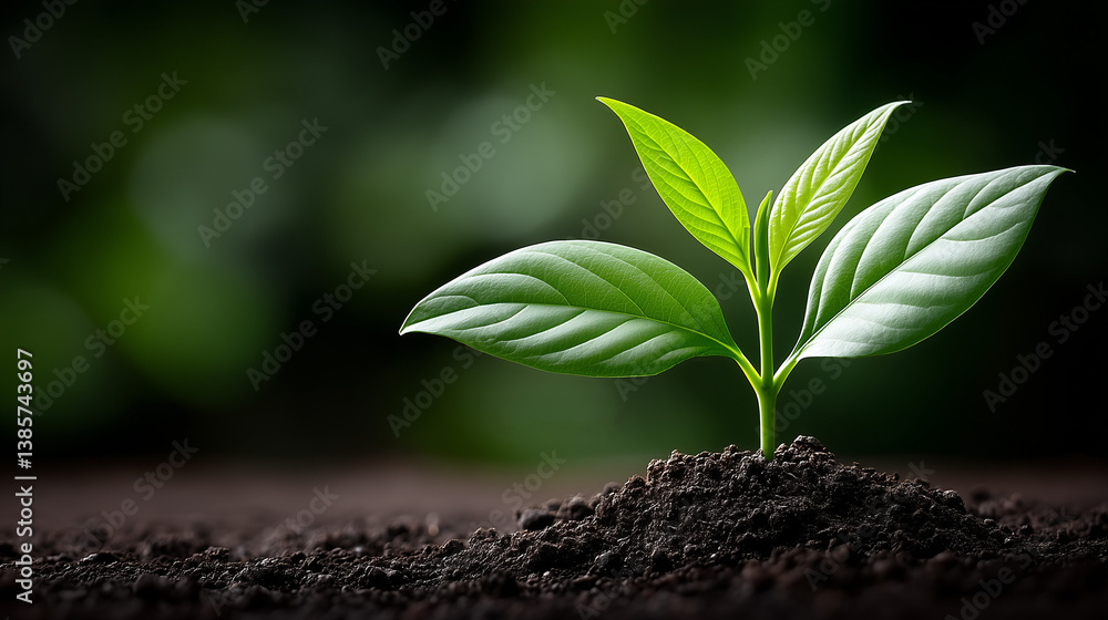 Naklejka premium A young plant sprout growing from dark, rich soil, symbolizing new life and environmental care. Powerful Earth Day image for sustainability and growth themes.