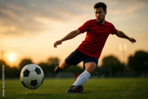 Soccer Player Strikes the Ball During Sunset at a Sports Field