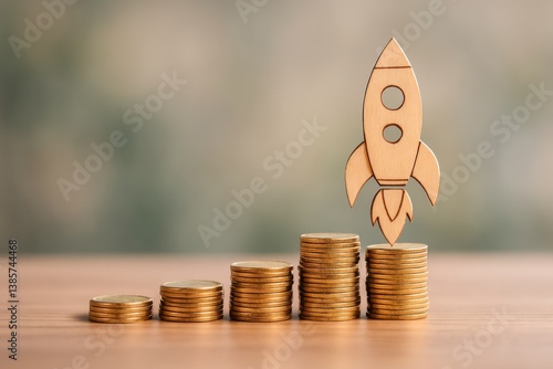Growth in Finance Symbolized With Wooden Rocket on Stacked Coins