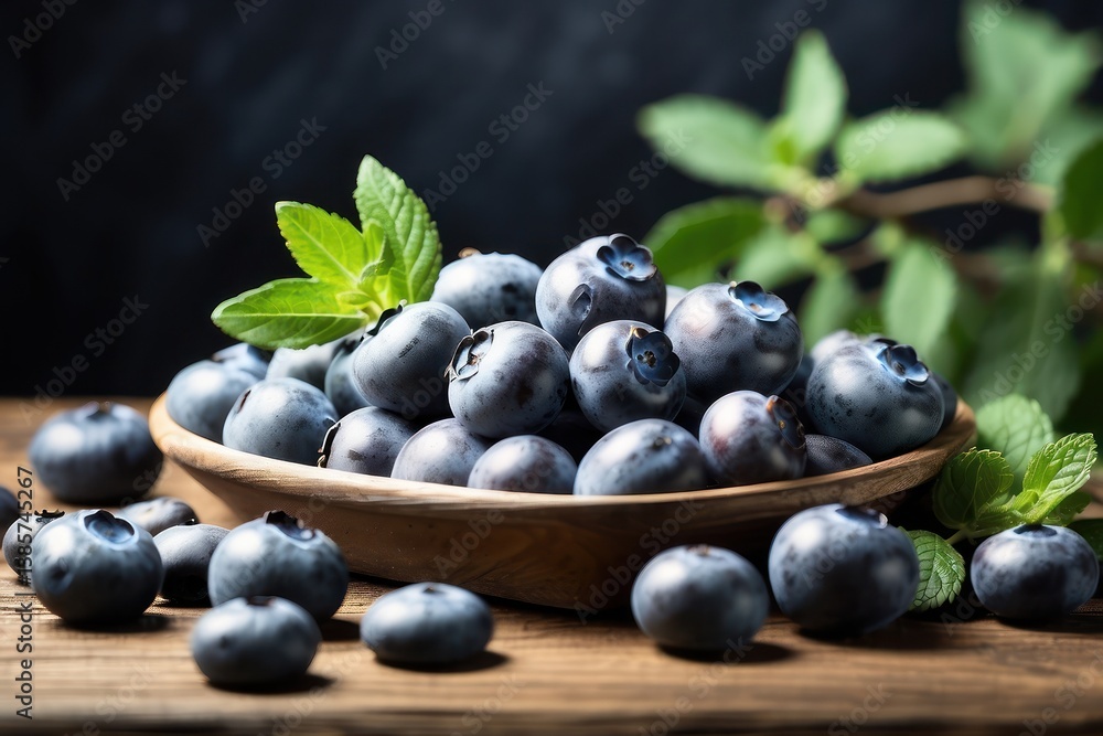 A high-quality mockup featuring fresh blueberries arranged on a rustic wooden table A high-quality mockup featuring fresh blueberries arranged on a rustic wooden table