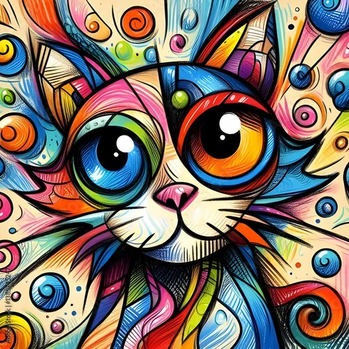 Fototapeta Abstract cat portrait painting whimsical style, multicolor vibrant hues, representing fantasy art and creativity