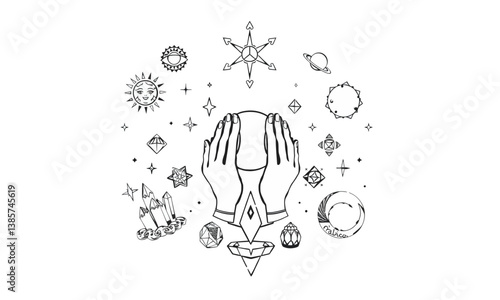 mystical illustration featuring hands holding crystal ball surrounded by celestial symbols, stars, and various gemstones, evoking sense of magic and wonder