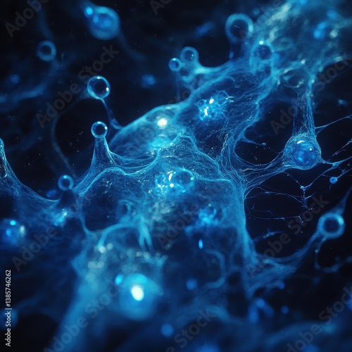 Abstract Blue Light Waves with Bubbles Against Dark Background