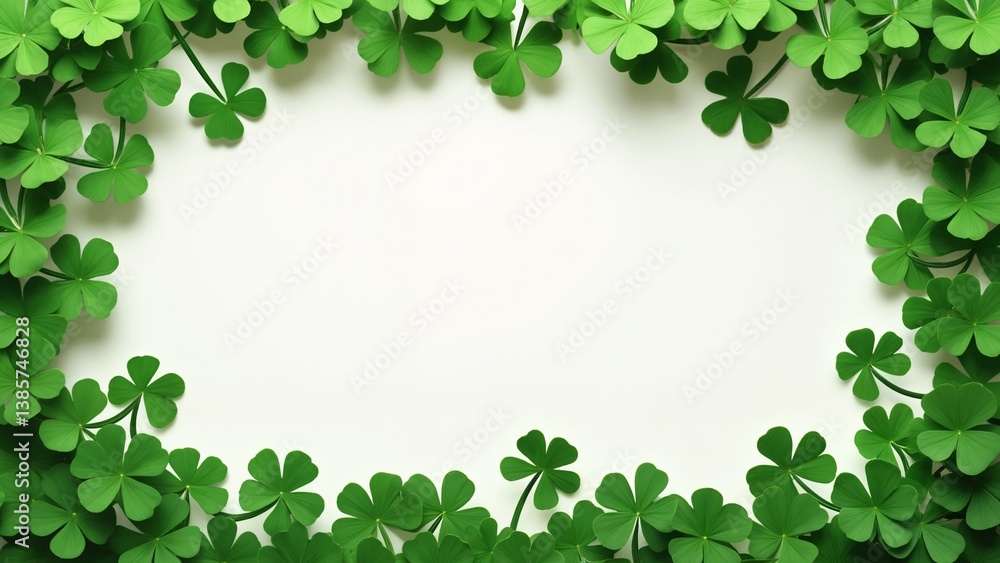 A border of green clover leaves on a white background. A border of green clover leaves on a white background.