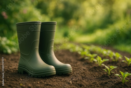 Green Rubber Boots Resting Beside Newly Planted Seedlings in a Garden With So...