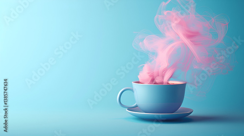 Ethereal Pink Vapor Rising from a Light Blue Teacup: A Dreamy Composition