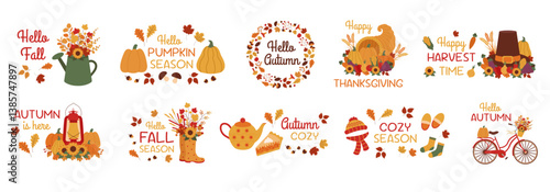 Autumn set. Set of autunm illustrations and letterings. Collection of fall season cliparts. Autumn concept.