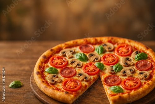 Delicious Pepperoni Pizza Topped With Fresh Tomatoes and Basil on Wooden Table