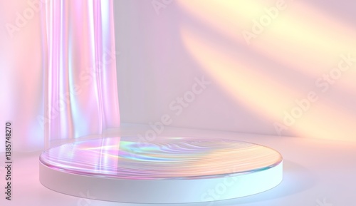 Pastel iridescent podium with flowing fabric, sunlit display