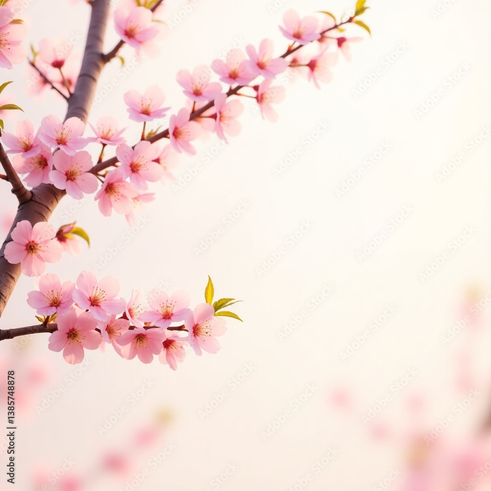 Pink cherry blossom branches with delicate blooming flowers forming a natural frame on soft background Pink cherry blossom branches with delicate blooming flowers forming a natural frame on soft background