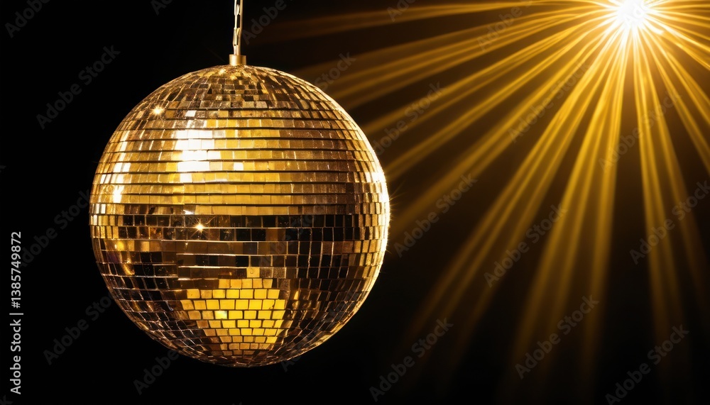 Fototapeta premium Sparkling golden disco ball shining brightly with radiant light beams around it
