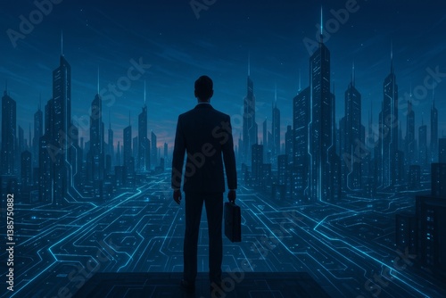 Businessman in Suit Observing City Skyline With Digital Network Connections a...