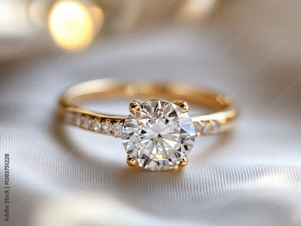 Golden engagement ring with diamond, Elegant gold ring with brilliant diamond Golden engagement ring with diamond, Elegant gold ring with brilliant diamond