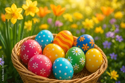 Colorful Easter Eggs in a Woven Basket Placed Among Blooming Flowers in Sprin...