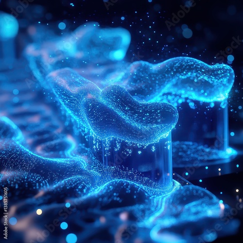 Abstract Blue Light Waves with Glowing Particles in Dark Space