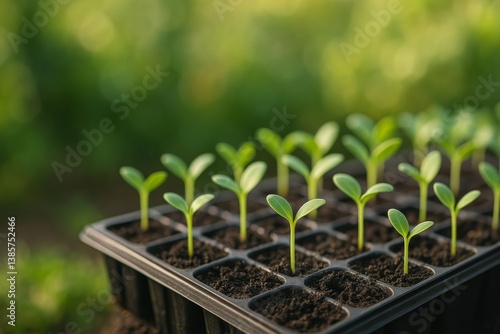 Young Seedlings Growing in Seed Tray at Garden During Spring Season