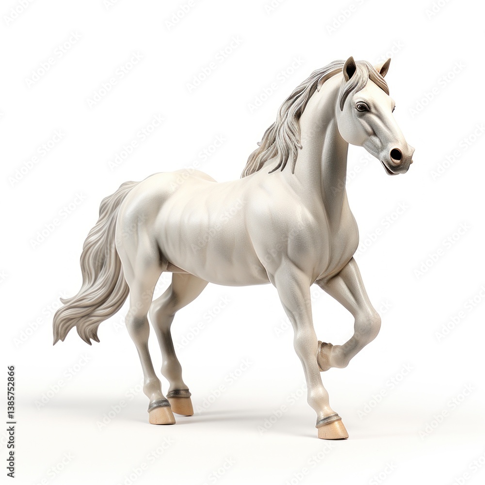 Palomino horse toy galloping with windswept mane, exhibiting dynamic movement against white backdrop, representing playful childhood equine imagery Palomino horse toy galloping with windswept mane, exhibiting dynamic movement against white backdrop, representing playful childhood equine imagery