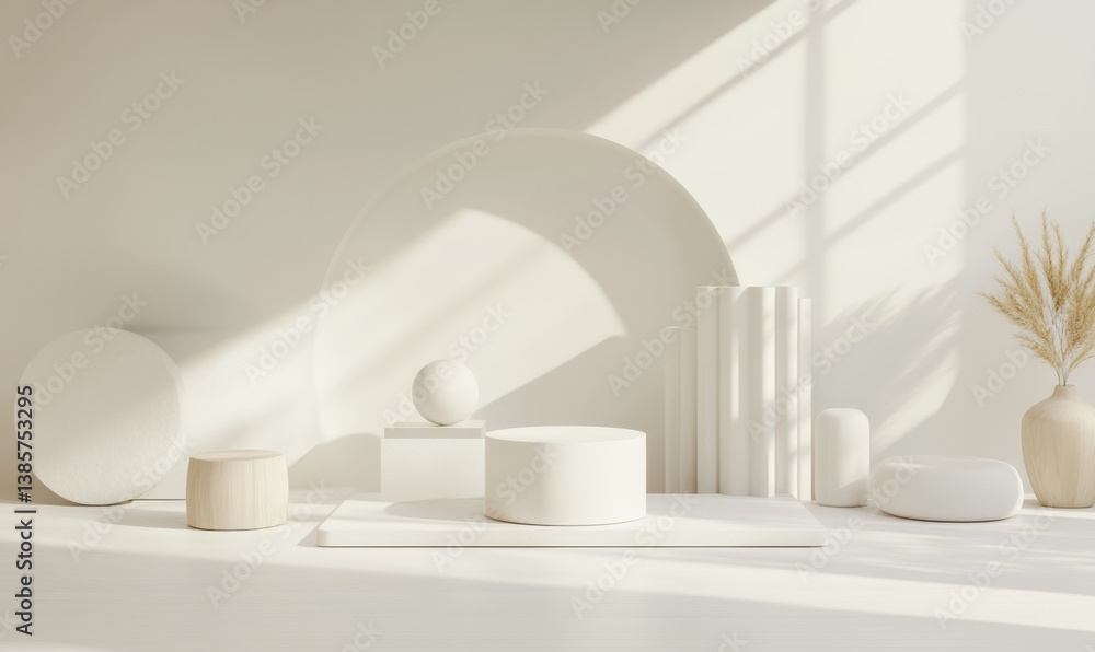 Minimalist white product display, sunlit interior scene Minimalist white product display, sunlit interior scene