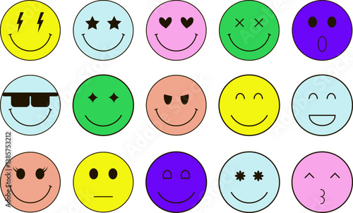 Colorful y2k groovy smiley faces with stars, hearts, lightning, glasses	
