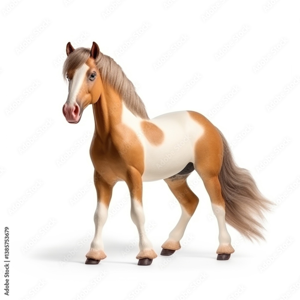 Obraz premium Palomino horse toy galloping with windswept mane, exhibiting dynamic movement against white backdrop, representing playful childhood equine imagery