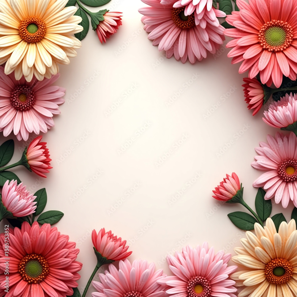 Fototapeta premium Spring flower frame on white background featuring pink flowers on white wood Autumn festive Background 