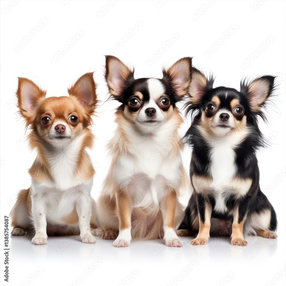 Chihuahua with colorful coats panting and leaning playfully against white desk, tongues out in cheerful pose Chihuahua with colorful coats panting and leaning playfully against white desk, tongues out in cheerful pose