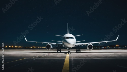 Modern Airplane Ready for Flight at Night on an Airport Runway with Starry Sky