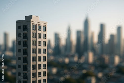 Urban High-Rise Building Contrasts With Blurred City Skyline During Daytime