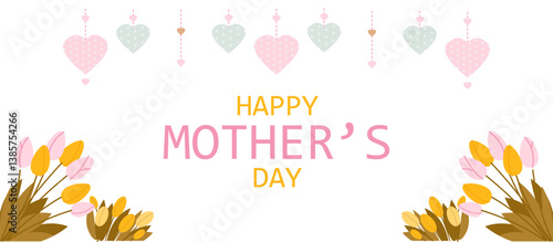 Mother's Day greetings banner with delicate spring tulips and hearts