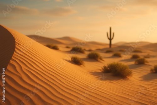 Sand Dunes and Cacti During Golden Hour in a Desert Landscape