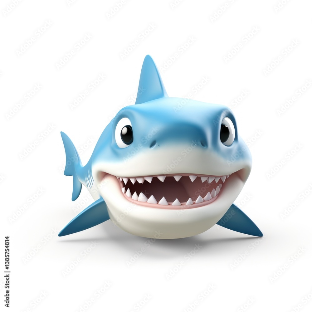Smiling cartoon shark with sharp teeth lying on white background, representing cheerful marine character perfect for kid friendly design and playful graphic projects Smiling cartoon shark with sharp teeth lying on white background, representing cheerful marine character perfect for kid friendly design and playful graphic projects