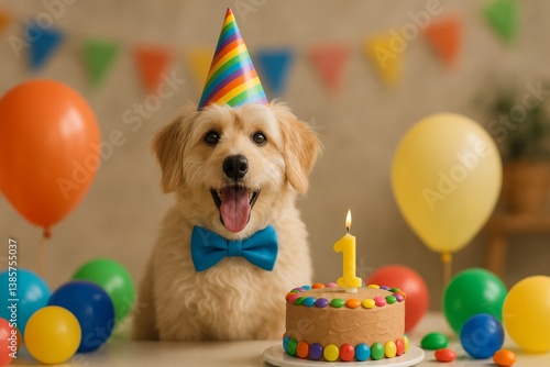 Happy Dog Celebrating Birthday With Cake and Decorations in a Cheerful Setting