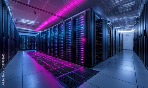 Inside a state-of-the-art data center, rows of servers are illuminated by vibrant neon lights, creating a high-tech ambiance.