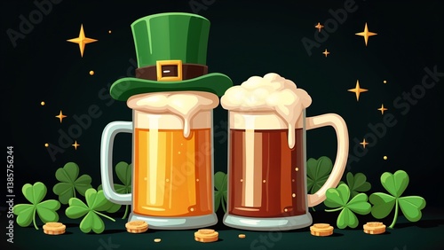 Two mugs of beer with a green hat on top of them.