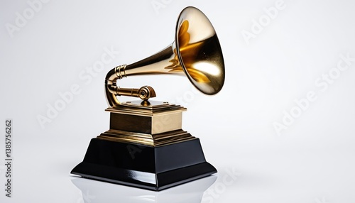 Golden Gramophone Statue on White Background Symbolizing Musical Excellence
