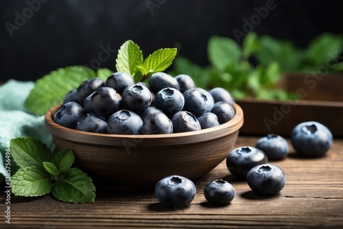 Obraz na płótnie A high-quality mockup featuring fresh blueberries arranged on a rustic wooden table w salonie