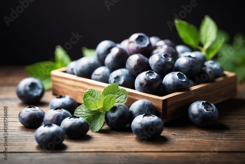 Obraz na płótnie A high-quality mockup featuring fresh blueberries arranged on a rustic wooden table w salonie