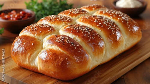 Braided Bread on Wooden Board: A close-up shot of a freshly baked, golden-brown braided loaf of bread, adorned with sesame seeds, rests on a wooden board.